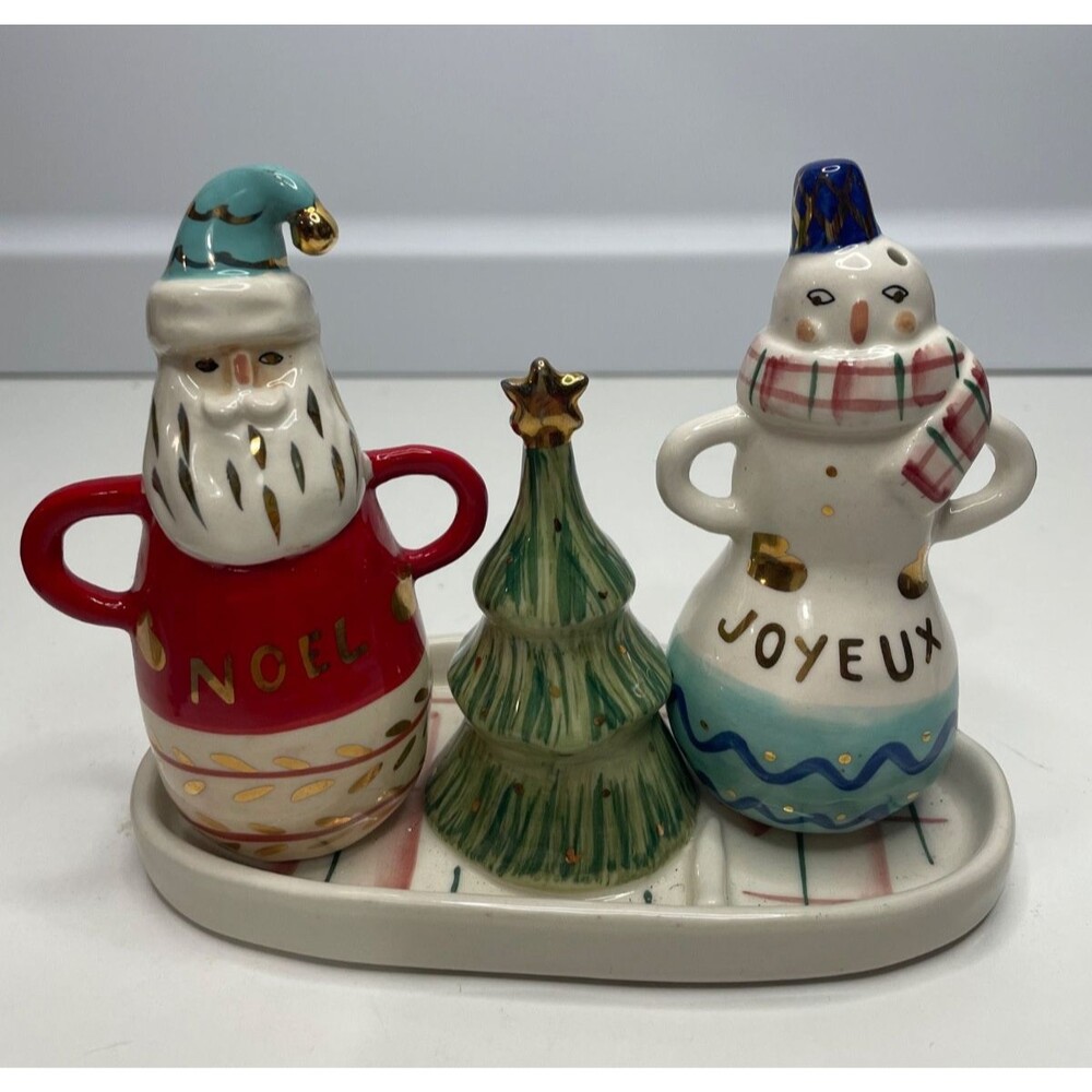 BirdCanFox Anthropologie Joyeux Noel Snowman Santa Salt Pepper Shakers